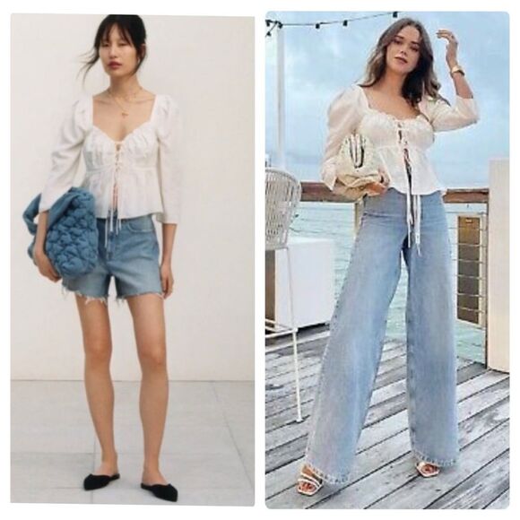 Brock Collection x H&M Sz M Lyocell Linen White Puff Sleeve Tie Top Blouse Chic - Picture 1 of 16